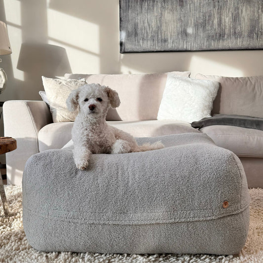 Poufet Pouf Hundebett in Bouclé Hellgrau im Wohnzimmer – modernes Design, handgemacht in Deutschland, Poufet