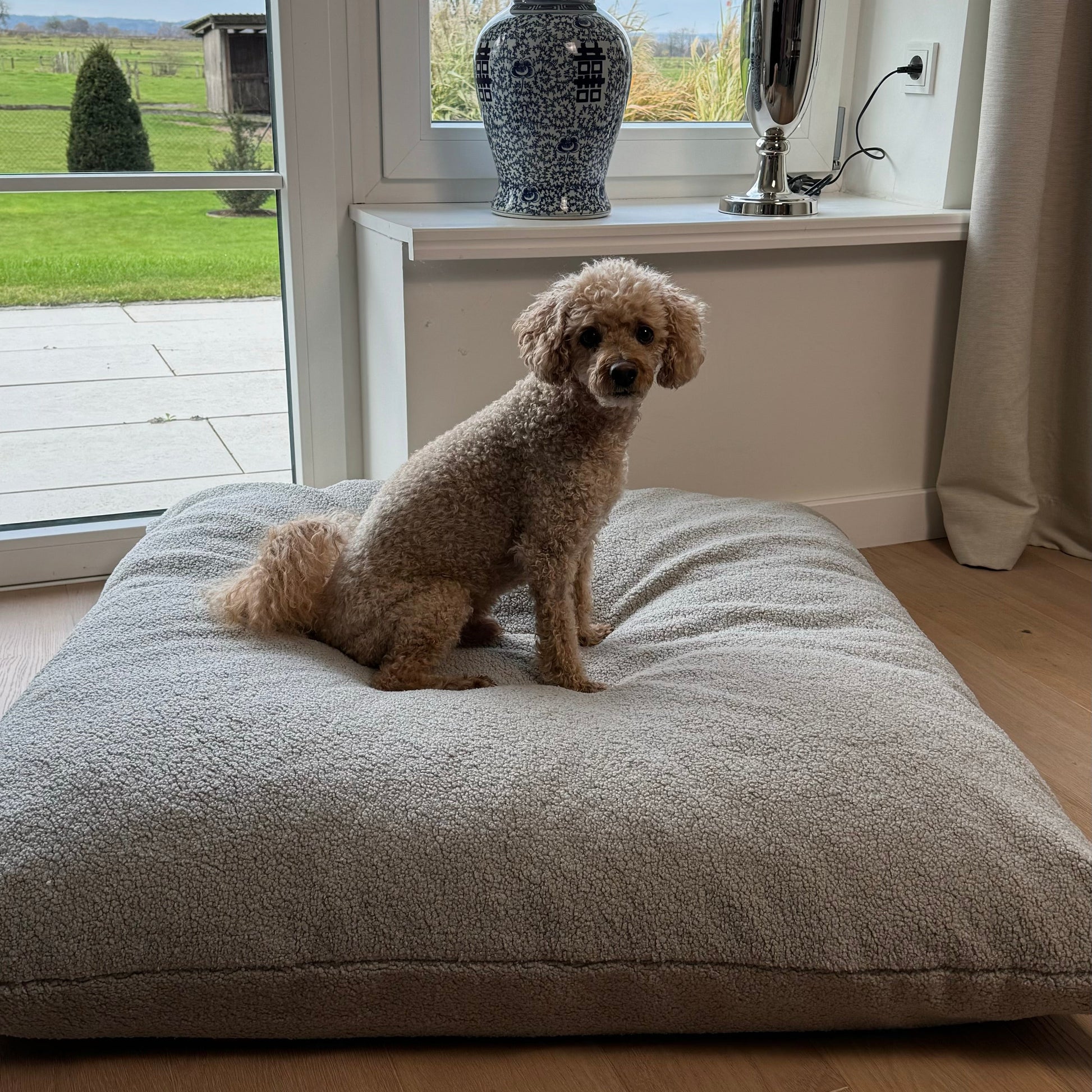 Poufet Relax Pad Bouclé im Einsatz – weiches Hundekissen mit lockig-gekräuselter Bouclé-Textur
