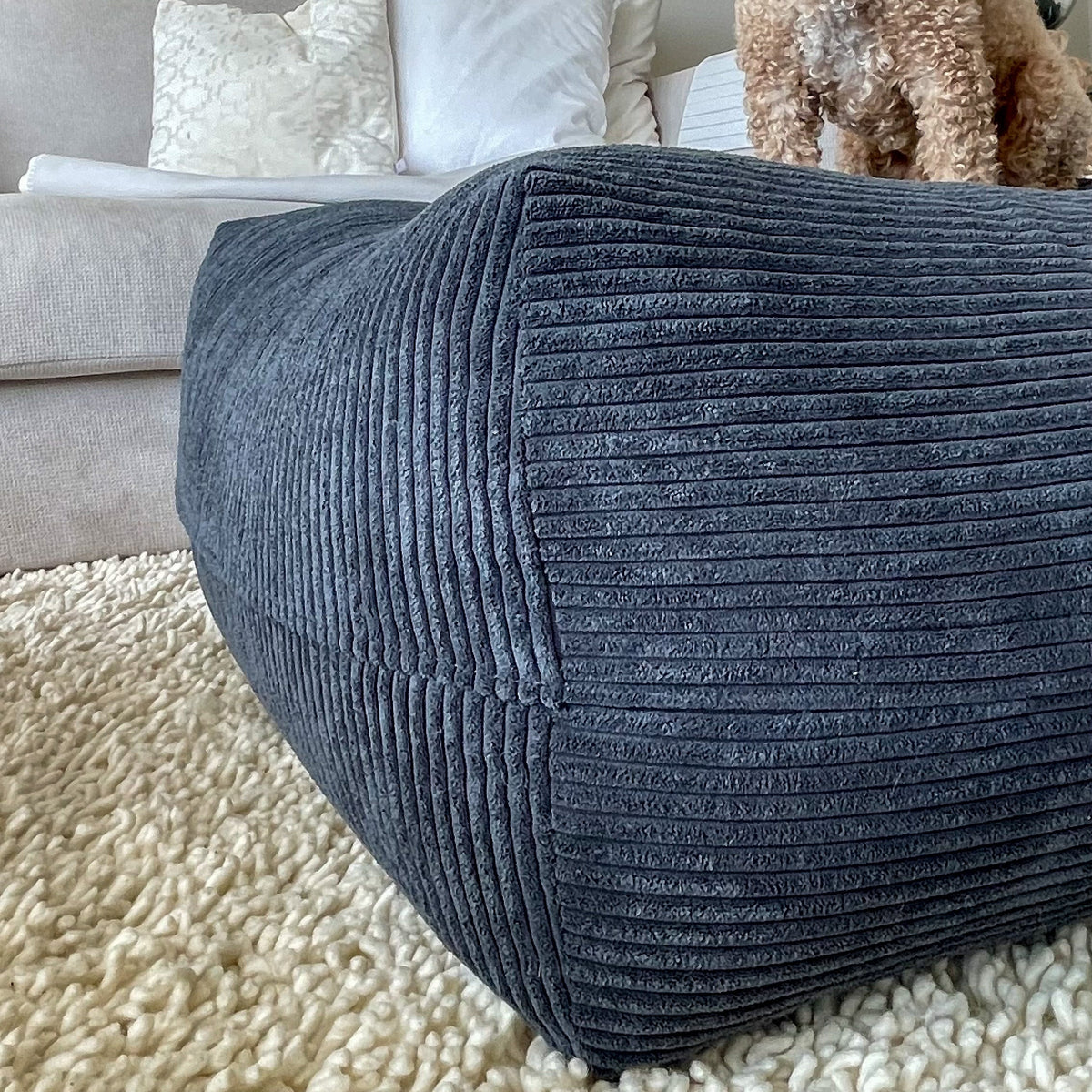 Hund auf Poufet DreamPad Breitcord Bezug – Wechselbezug Hundebett

