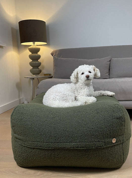 Poufet  Pouf Premium Bouclé Hundebett Olive im Wohnzimmer, handgemacht Deutschland, Poufet