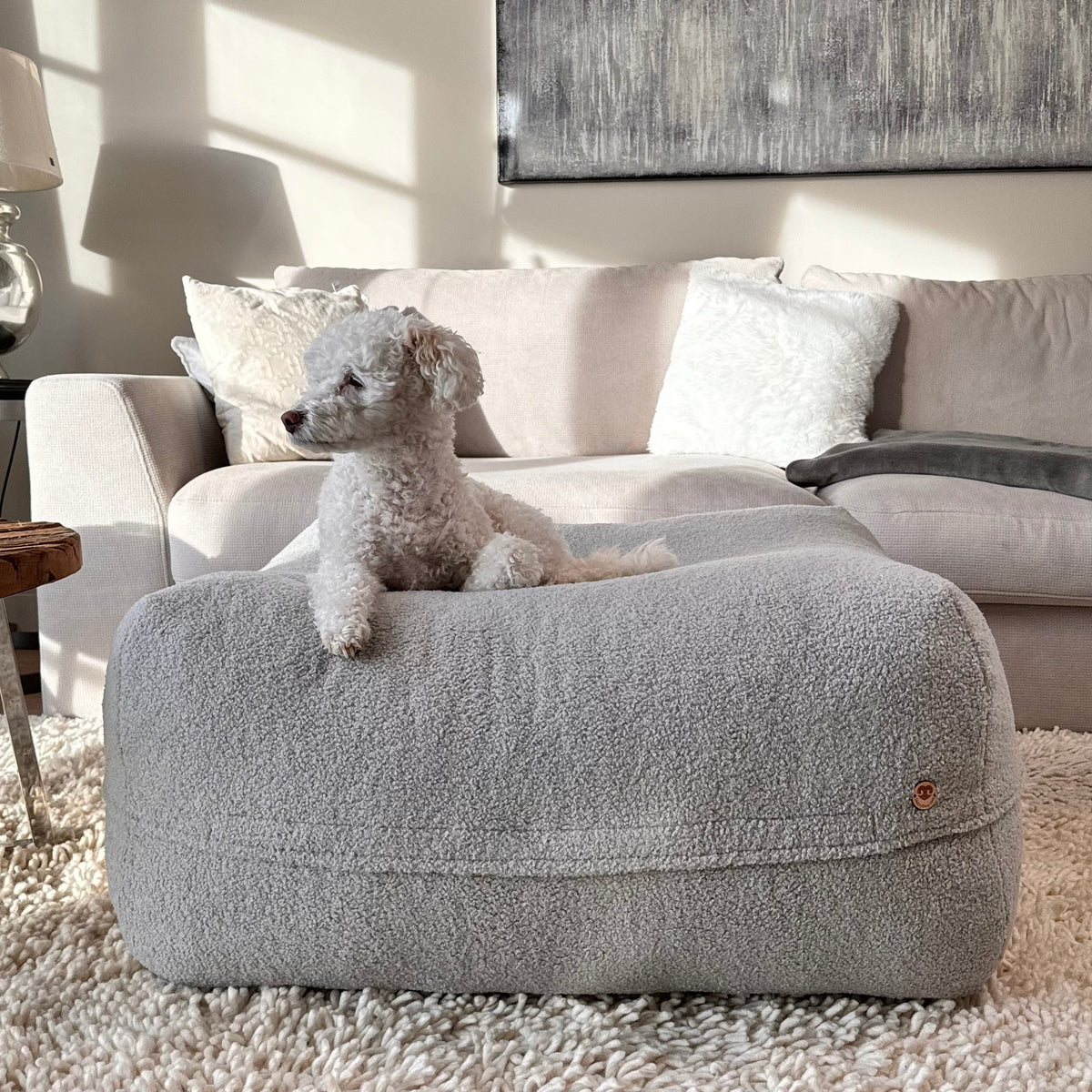 Hund liegt auf Poufet Pouf mit Bouclé-Bezug – handgemachtes Hundebett von Poufet
