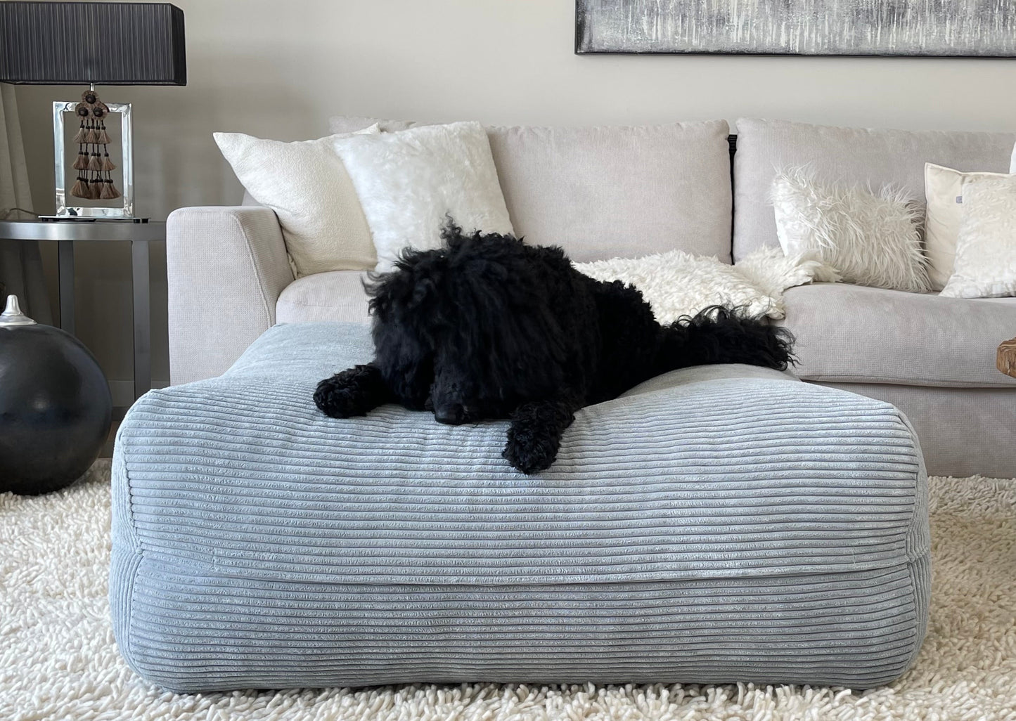Schwarzer Hund liegt auf dem Poufet DreamPad Hundebett in Breitcord Hellgrau – flaches Design, handgemacht in Deutschland