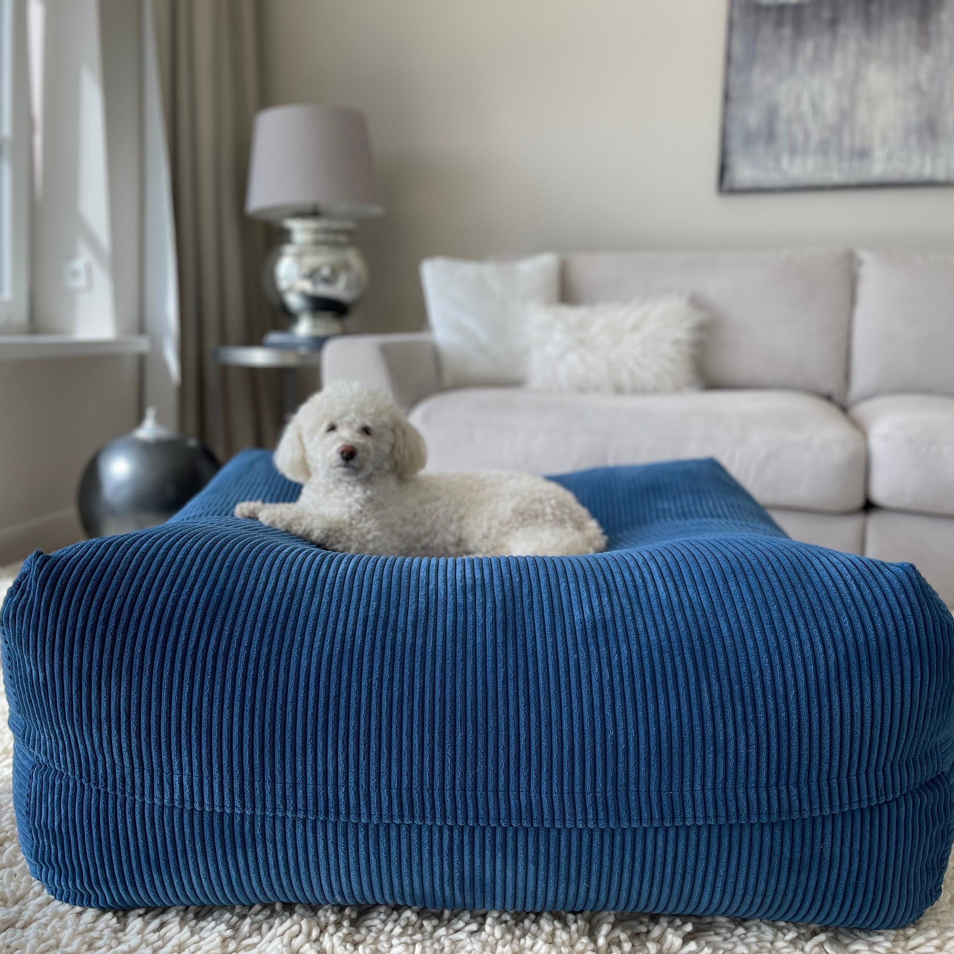 Dozzy DreamPad Breitcord Dunkelblau im Wohnzimmer – elegantes Dunkelblau als stilvoller Einrichtungsgegenstand, DozzyDog