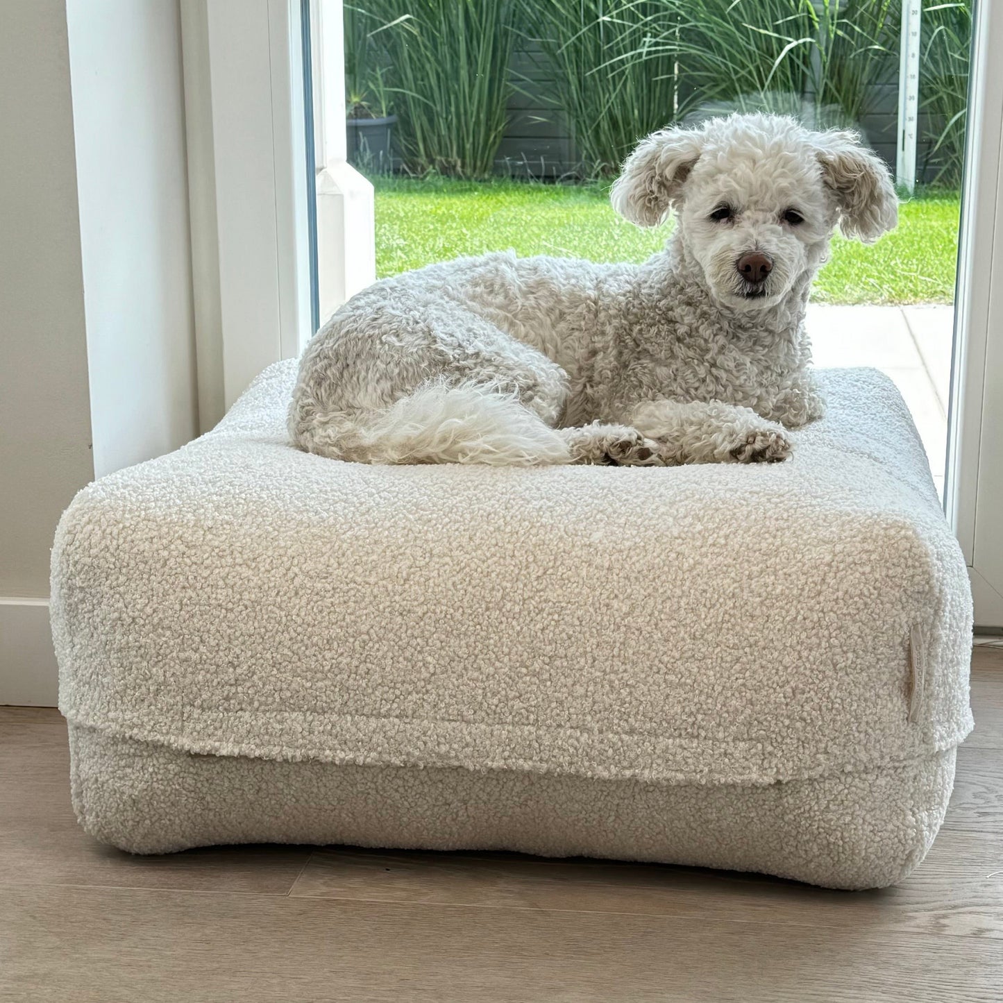 Hund auf dem Poufet DreamPad Breitcord Taupe im Garten – zeigt die großzügige Liegefläche, Poufet Manufaktur