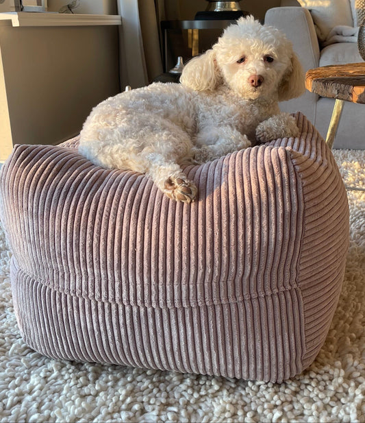 Hund liegt auf dem Poufet Pouf Hundebett in Breitcord Altrosa – elegantes Altrosa im Wohnzimmer, handgemacht in Deutschland