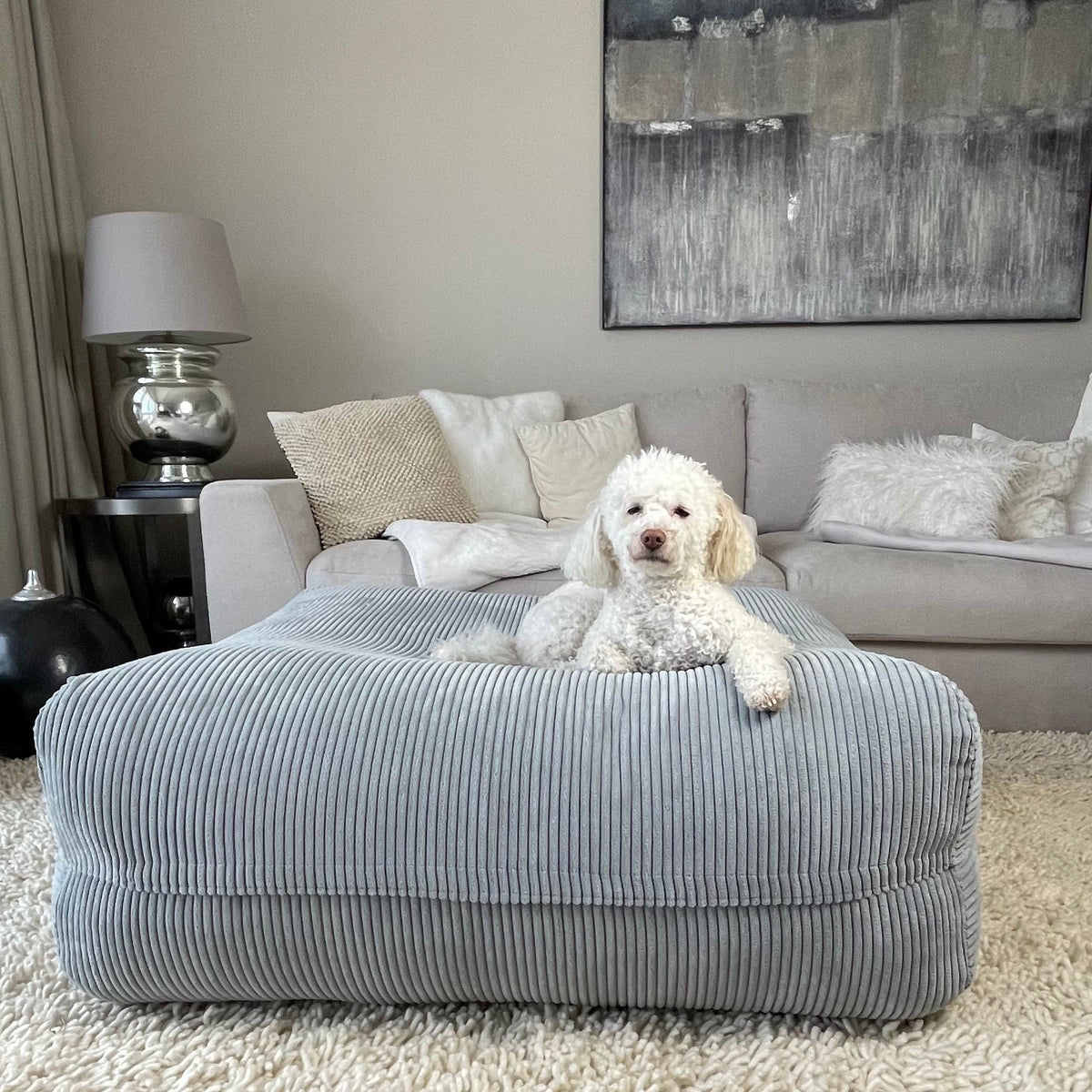 Hund liegt auf Poufet Pouf Breitcord Hellgrau im Wohnzimmer – orthopädisches Hundebett handgemacht in Deutschland
